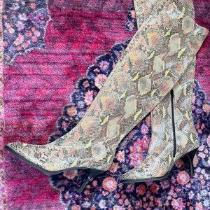 Free People Knee High Snakeskin Boots with Heel